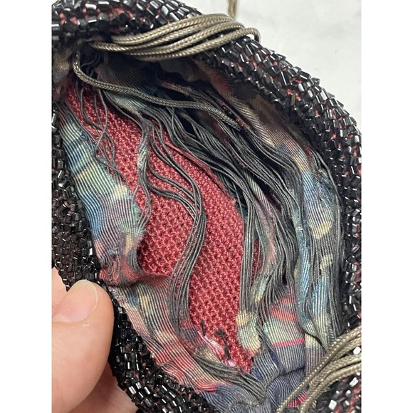 Antique Vintage 20th C.  Dark Black Red Beaded Flapper Art Deco Glass Purse Bag - Picture 12 of 16